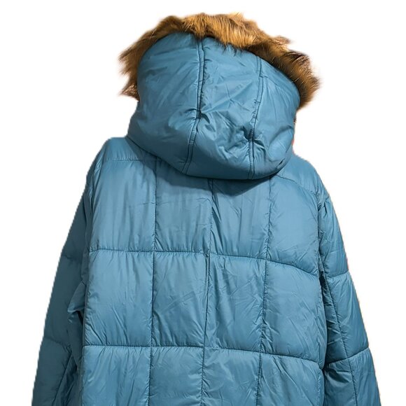 Womens Winter Coat with Fur Trim Hood-Teal with Brown Faux Fur, sz 3X - Picture 6 of 13